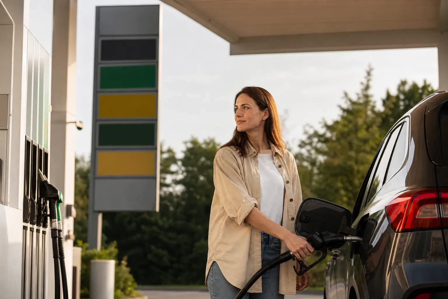 Tankstelle mit Preisanzeige – Kraftstoffkosten durch umweltbewusstes Fahren senken