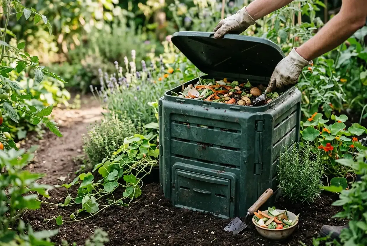 Thermokomposter im Garten mit Bioabfällen