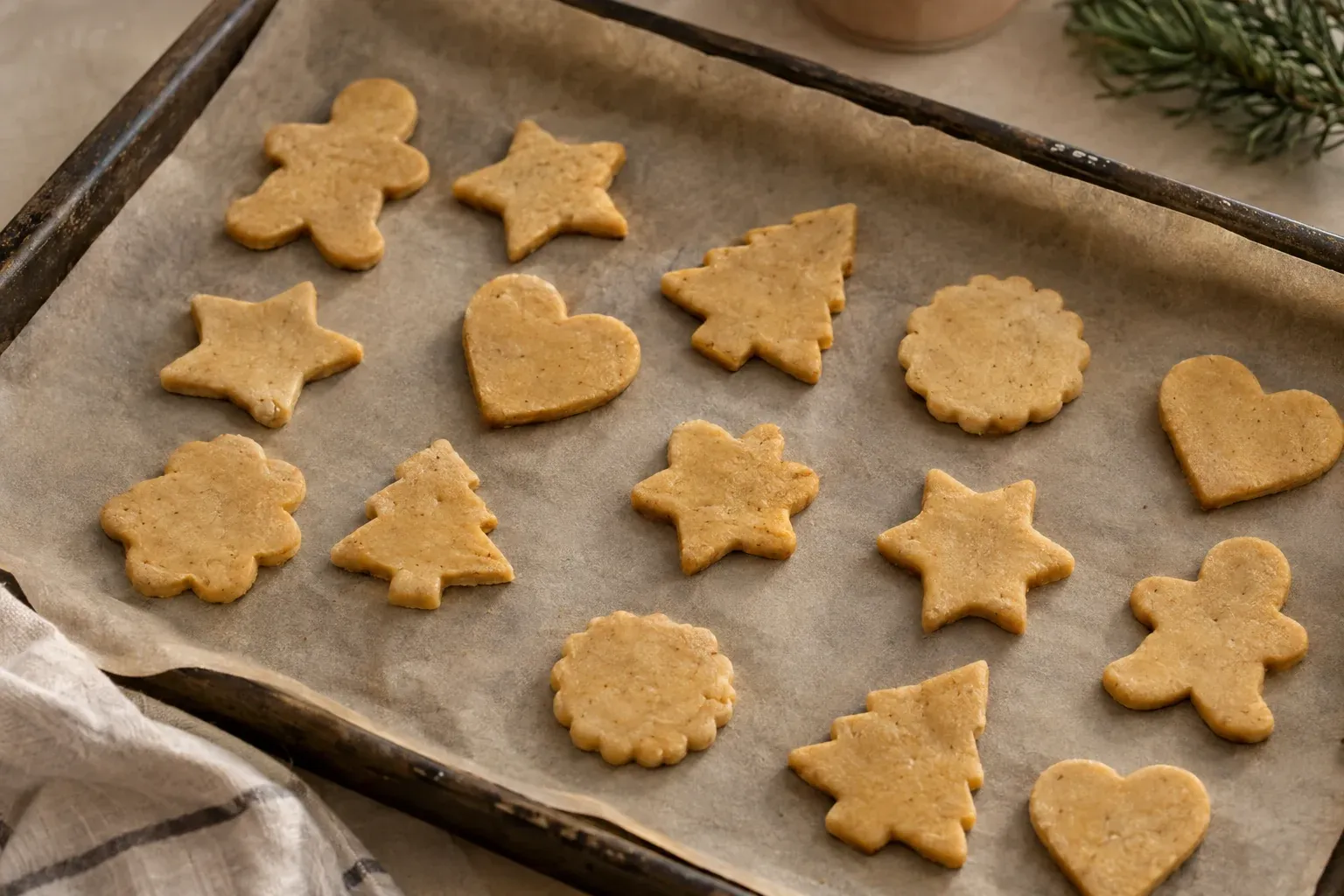 Vegane Plätzchen in verschiedenen Ausstechformen auf einem mit Backpapier belegten Blech