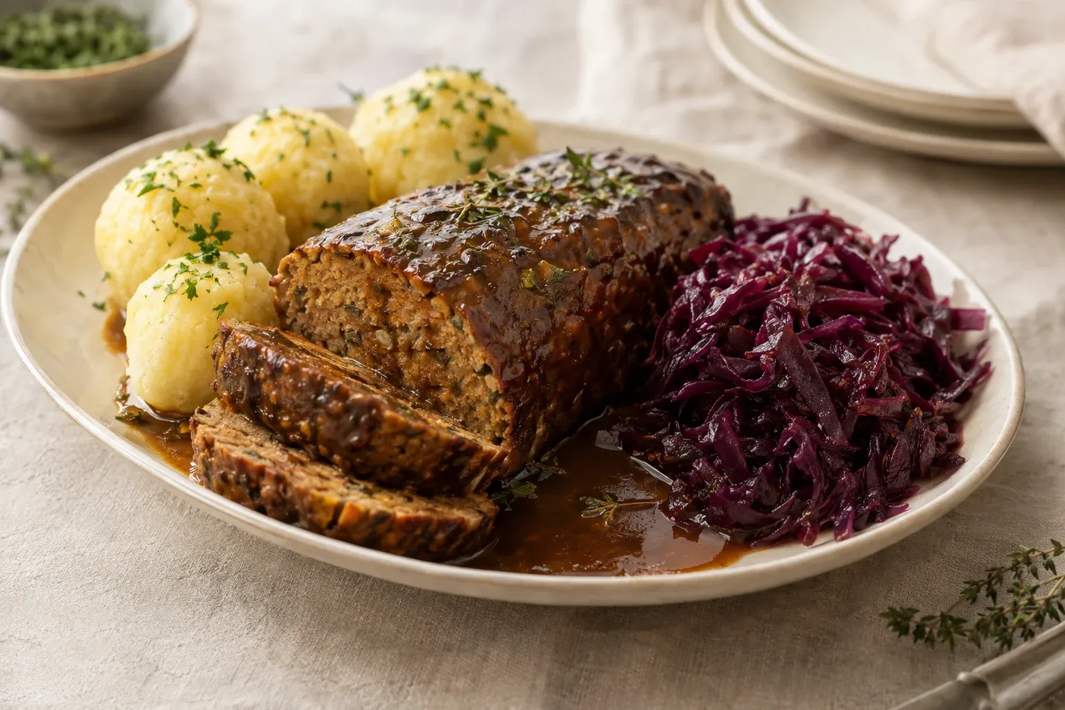 Veganer Braten aus dem Ofen mit dunkler Soße, Rotkohl und Kartoffelklößen auf einer Servierplatte