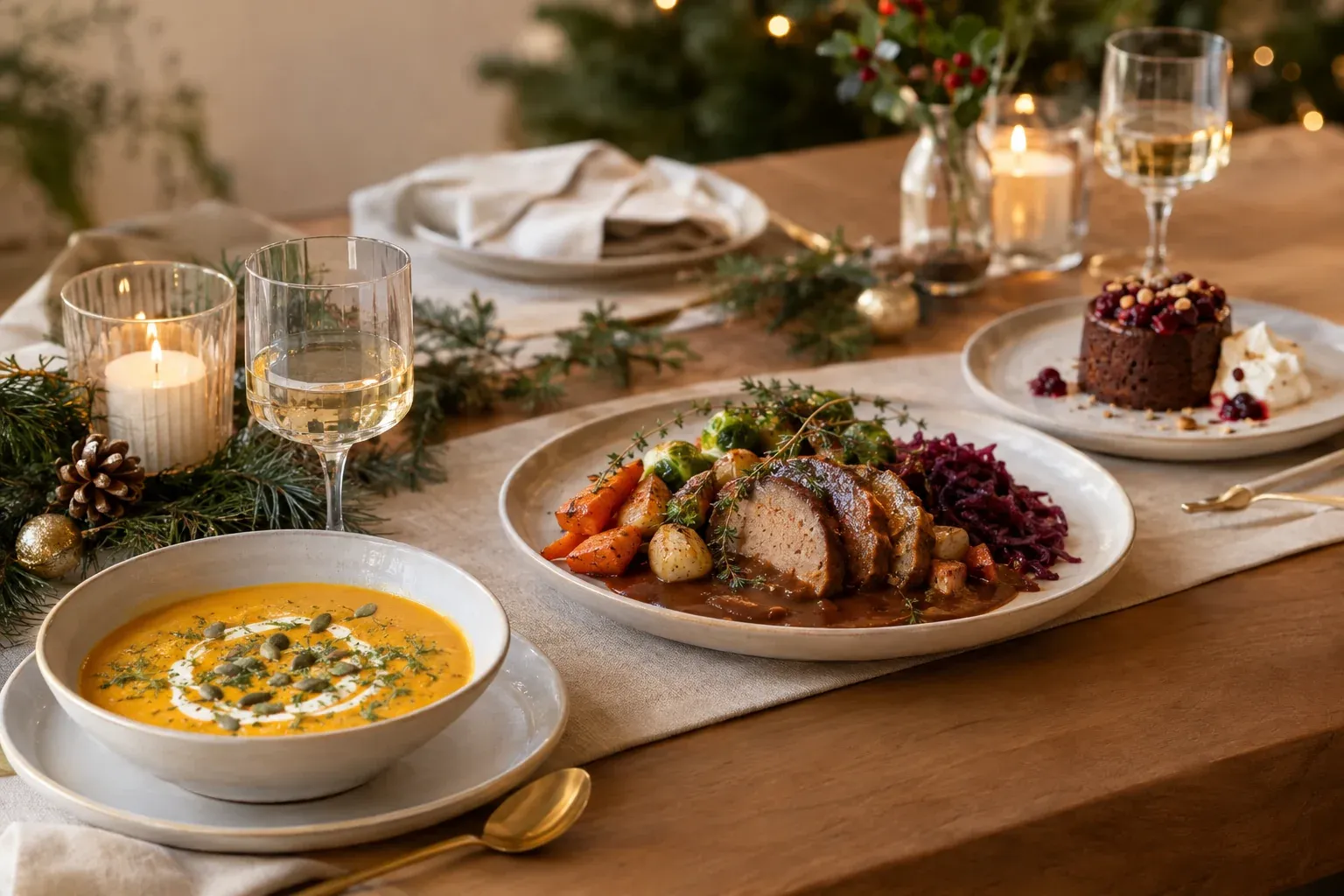 Veganes Weihnachtsessen in drei Gängen mit Suppe, Braten und Dessert auf einem festlich gedeckten Tisch