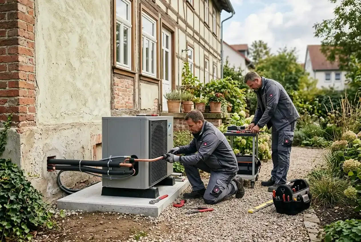 Installation einer Luft-Wasser-Wärmepumpe im Außenbereich eines sanierten Altbaus