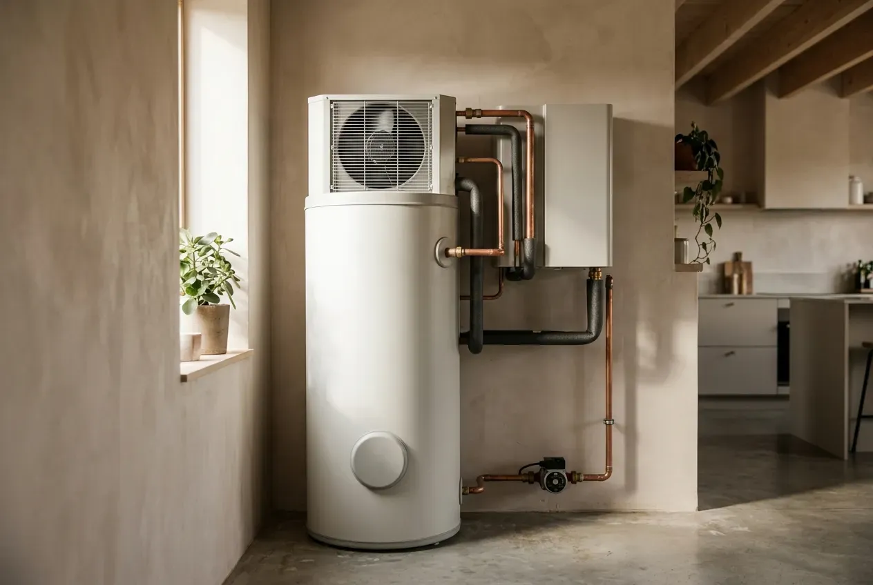 Funktionsweise einer Warmwasser-Wärmepumpe mit Speicher und Kältemittelkreislauf