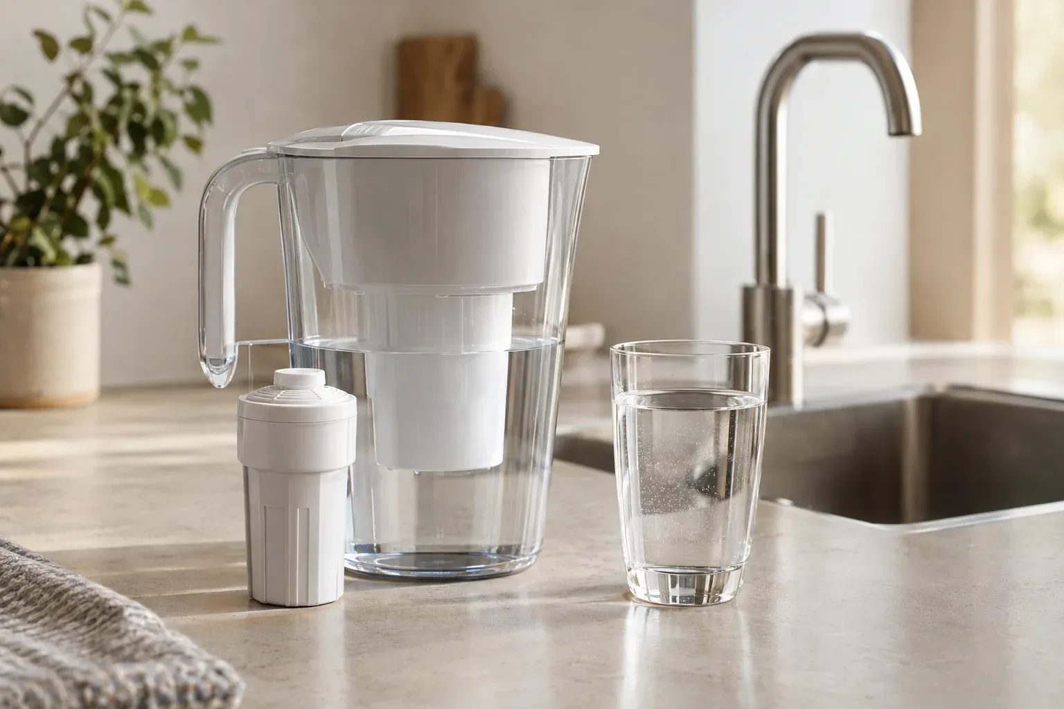 Tischwasserfilter mit Kartusche neben einem Glas Wasser aus dem Hahn