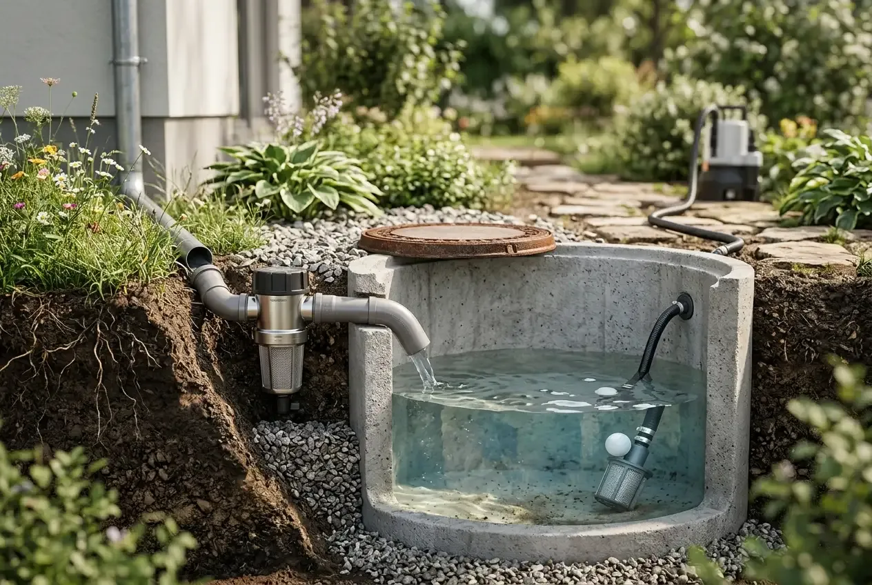 Querschnitt einer Regenwasserzisterne im Garten mit Vorfilter und Saugfilter