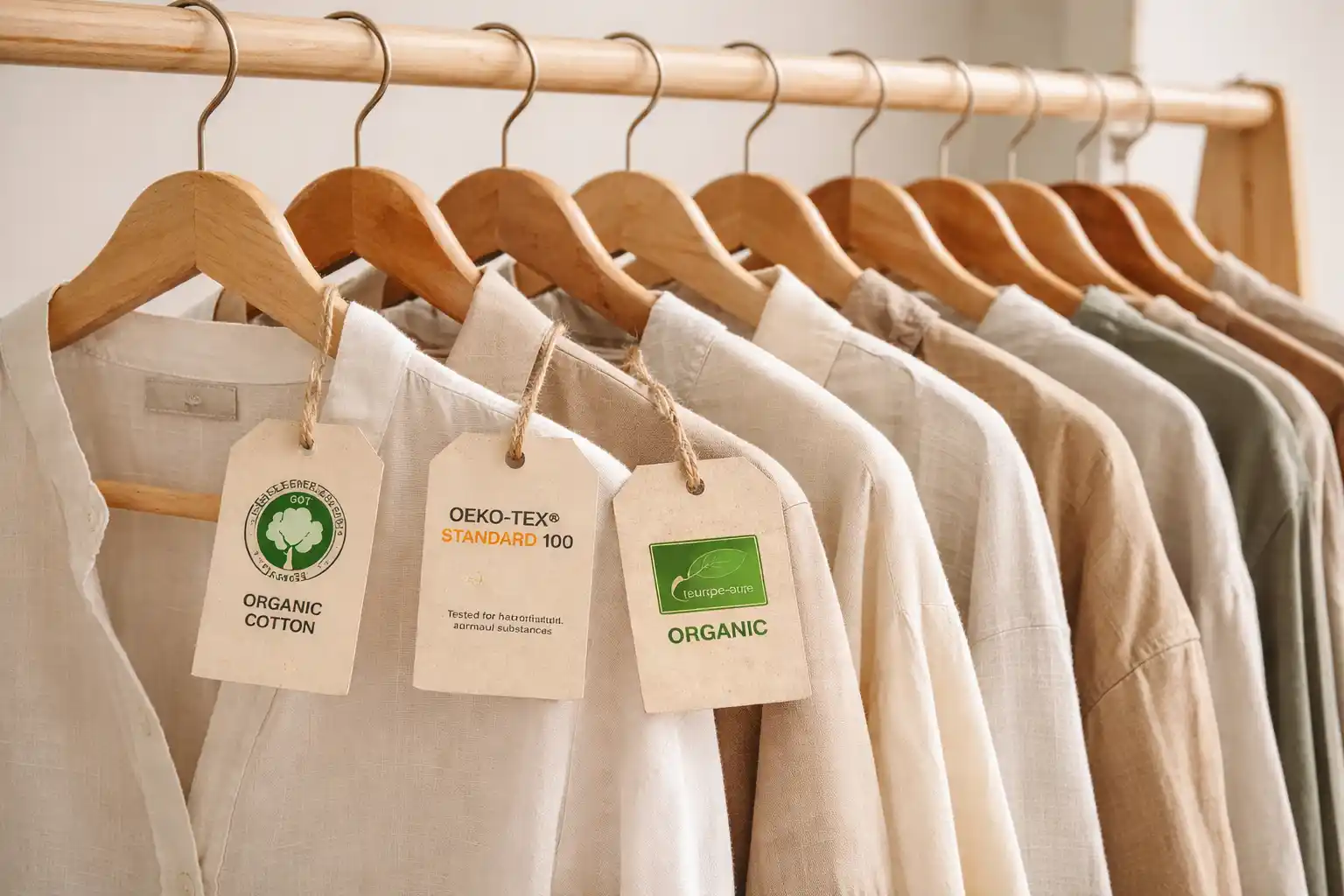 Mehrere helle Kleidungsstücke hängen nebeneinander an Holzbügeln; an einigen sind Etiketten befestigt, der Hintergrund ist schlicht und neutral gehalten.