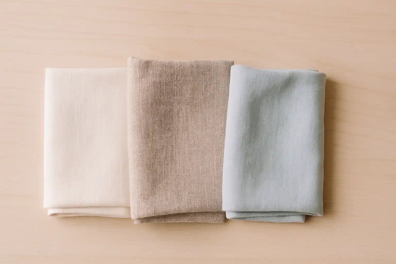 Verschiedene nachhaltige Stoffe aus Bio-Baumwolle, Leinen und TENCEL, nebeneinander gefaltet auf hellem Holzuntergrund, minimalistisch arrangiert bei weichem, pastellfarbenem Licht mit natürlichen Farbtönen im Querformat.