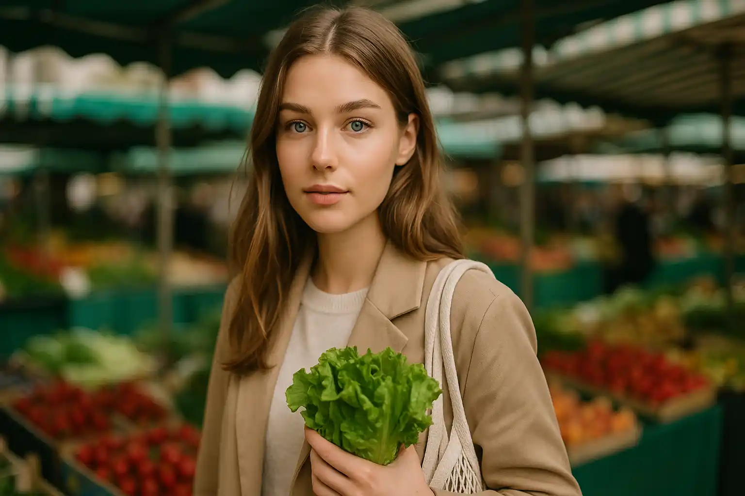 Junge Frau mit braun-blonden Haaren und blauen Augen kauft auf einem Wochenmarkt frisches Gemüse, hält einen grünen Salat in der Hand, fotografiert im modernen Editorial-Stil mit weichem natürlichem Licht und leicht unscharfem Markt-Hintergrund.