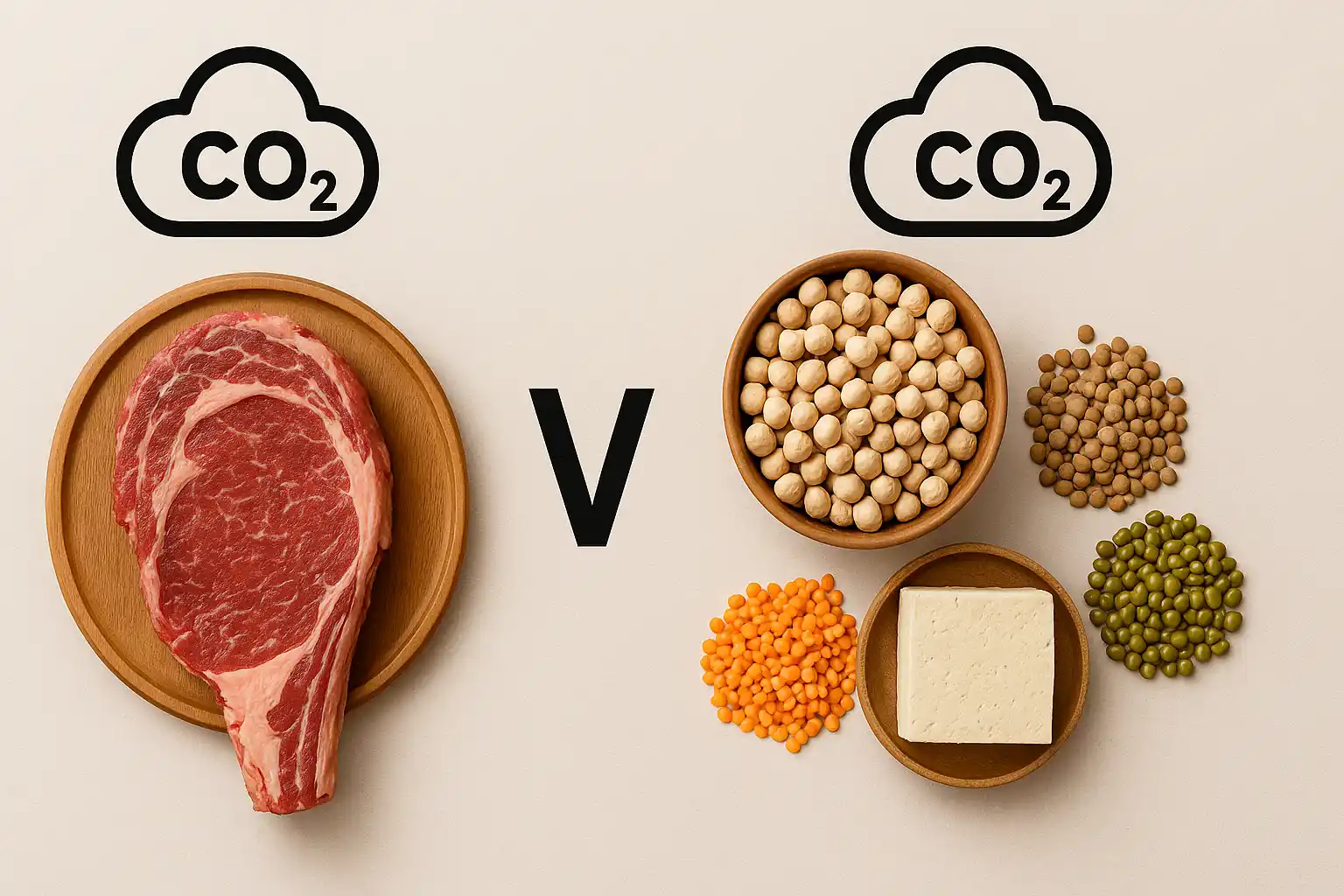 Gegenüberstellung von tierischer und pflanzlicher Proteinquelle: links ein rohes Steak auf Holzbrett mit CO₂-Symbol, rechts Hülsenfrüchte und Tofu in Schalen mit CO₂-Symbol, minimalistische Darstellung auf hellem Hintergrund.