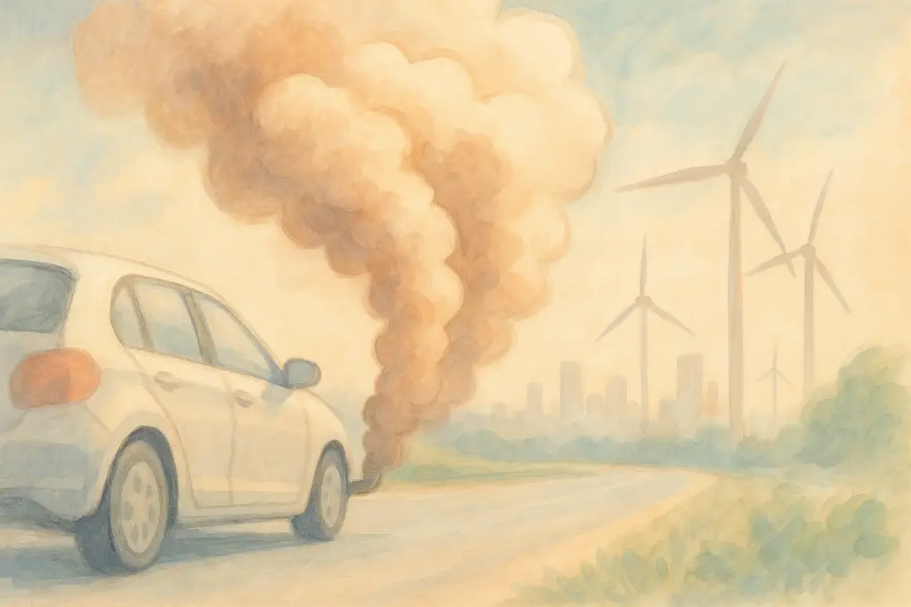 Umweltauswirkungen des Verkehrs Beitragsbild. Auto und CO2 Abgase zu sehen