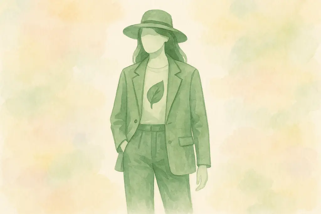 Nachhaltige Mode Beitragsbild. Frau mit grünen Kleidern zu sehen