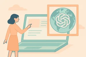 ChatGPT Atlas Browser Beitragsbild. Frau stehet vor Computer