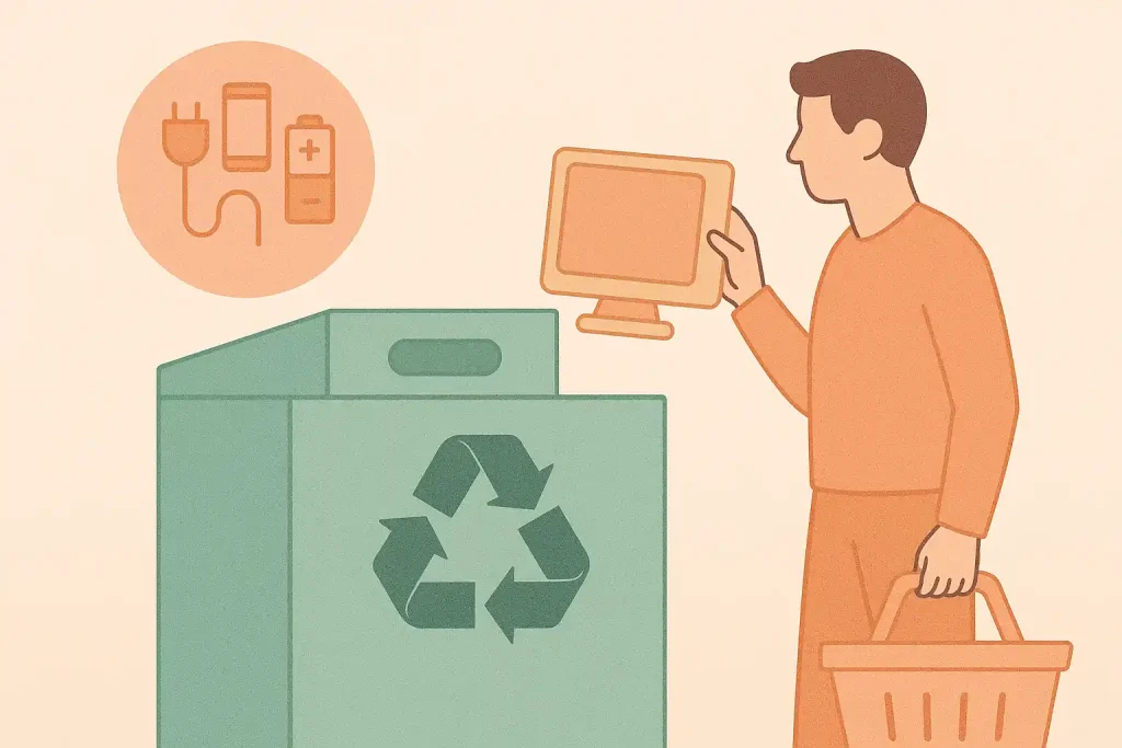 Ein Mann entsorgt alte Elektronikgeräte an einer grünen Recyclingstation, auf der das Recycling-Symbol zu sehen ist. In einem Kreis darüber sind Symbole für Stecker, Smartphone und Batterie dargestellt. Das pastellfarbene Bild symbolisiert die Elektroschrott Rücknahme bei Händlern wie Aldi Nord und Edeka nach einer gerichtlichen Verpflichtung.