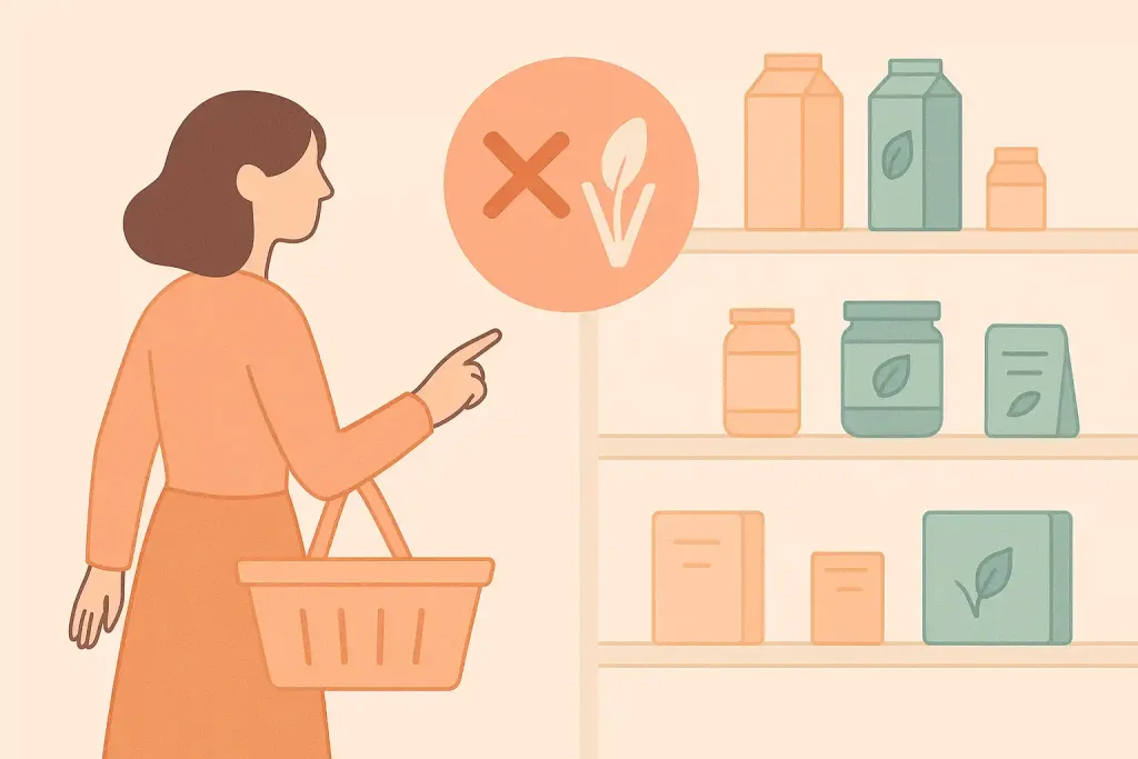 Vegane Produkte kaufen Beitragsbild. Eine Frau steht vor einem Regal mit veganen Produkten und hält einen Einkaufskorb. Sie zeigt auf ein Produkt, während über ihr ein Symbol mit einem Blatt und einem Kreuz erscheint. Das Bild ist in sanften Pastelltönen gehalten und symbolisiert typische Fehler beim Kauf veganer Produkte.