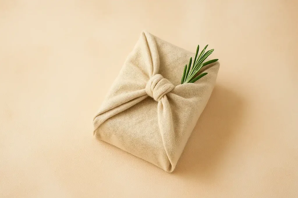 Geschenke nachhaltig verpacken: Ein in beigem Furoshiki-Stoff eingewickeltes Geschenk liegt auf einem sanften pastellfarbenen Hintergrund, dekoriert mit einem frischen Rosmarinzweig – minimalistisches, plastikfreies Verpacken im modernen Stil..