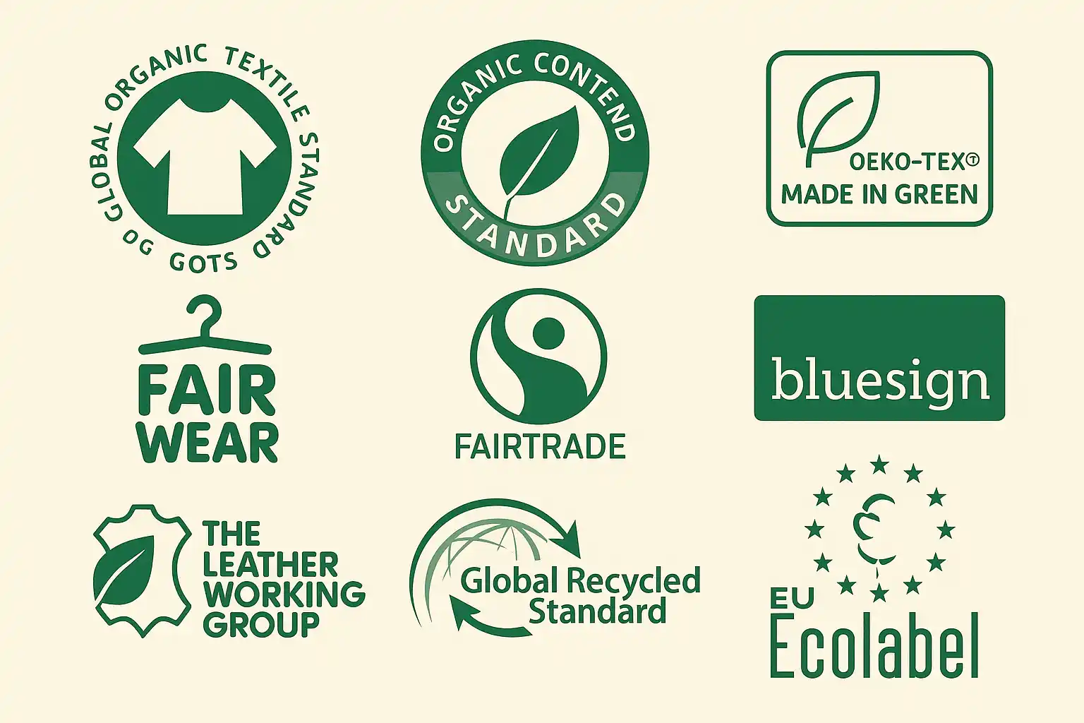 Übersicht verschiedener Textilsiegel und Nachhaltigkeitszertifikate, in einem minimalistischen Raster dargestellt. Die Symbole zeigen bekannte ökologische und soziale Standards wie GOTS, Fairtrade und EU Ecolabel in harmonischen Grüntönen auf hellem Hintergrund.