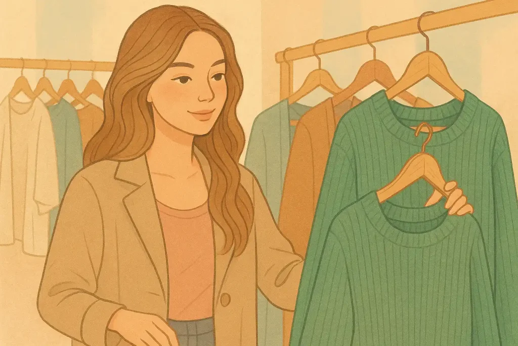 Illustration einer jungen Frau mit langen, welligen Haaren, die Kleidung in einem Boutique-Laden betrachtet. Sie hält einen grünen Strickpullover in der Hand, während hinter ihr weitere Kleidungsstücke an Holzkleiderbügeln hängen. Warme Pastelltöne und weiche Linien erzeugen eine ruhige, stilvolle Atmosphäre. Für den Beitrag der Textilsiegel Übersicht