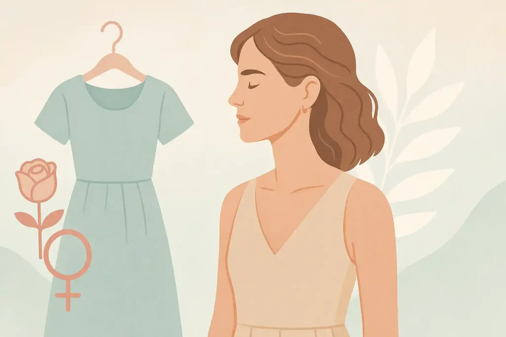Minimalistische Pastellillustration inspiriert von Fair Fashion und Feminismus: eine stilisierte Frau in sanften Beige- und Rosétönen steht vor einem mintfarbenen Kleid und femininen Symbolen. Das harmonische Querformat-Bild vermittelt die Themen Nachhaltigkeit und Empowerment und dient als visueller Eyecatcher für einen Blogartikel über Emma Watson Vermögen.