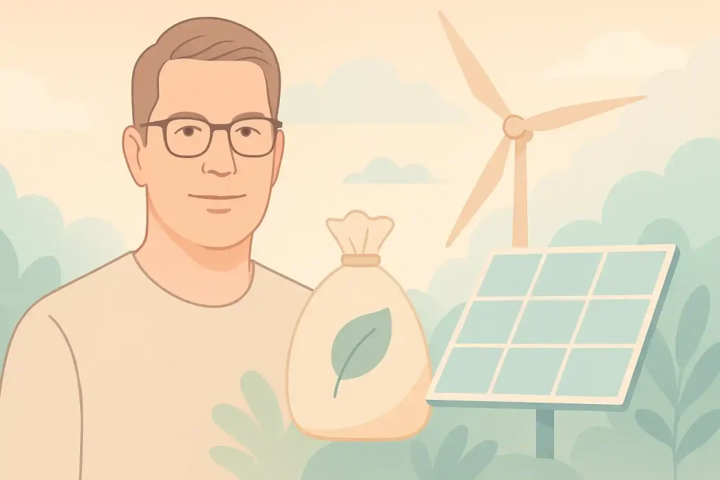 Sanfte, pastellfarbene Illustration im Querformat, die ein modernes CleanTech-Thema symbolisiert: Windrad, Solarpanel und nachhaltiges Investment-Motiv vor einem hellen, harmonischen Hintergrund. Die Komposition vermittelt das Thema „Frank Thelen Vermögen“ in Verbindung mit CleanTech-Investments, ohne Text oder Logos und mit weichen Schatten sowie natürlicher Lichtwirkung.