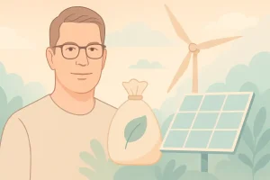 Sanfte, pastellfarbene Illustration im Querformat, die ein modernes CleanTech-Thema symbolisiert: Windrad, Solarpanel und nachhaltiges Investment-Motiv vor einem hellen, harmonischen Hintergrund. Die Komposition vermittelt das Thema „Frank Thelen Vermögen“ in Verbindung mit CleanTech-Investments, ohne Text oder Logos und mit weichen Schatten sowie natürlicher Lichtwirkung.