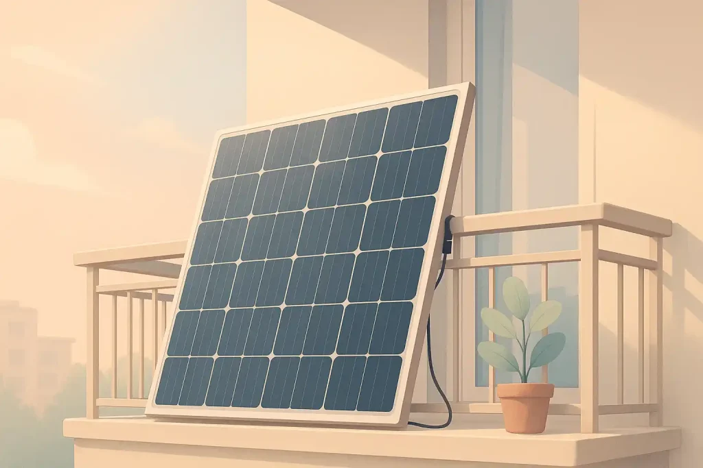 Ein modernes Balkonkraftwerk 800 Watt steht auf einem hellen, minimalistischen Balkon. Das Solarpanel lehnt an einem Geländer und wird von sanftem Sonnenlicht in Pastelltönen aus Beige, Rosé und Hellblau umspielt. Neben dem Panel steht eine kleine grüne Topfpflanze, im Hintergrund sind weiche Schatten und eine ruhige städtische Umgebung zu sehen.