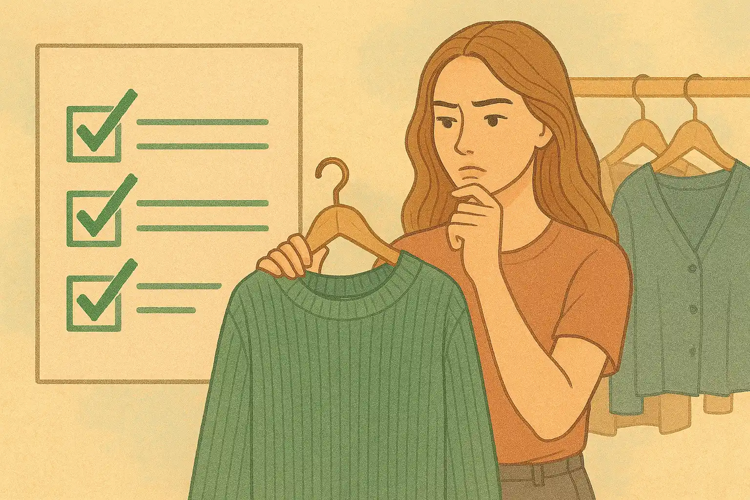 Illustrierte Darstellung einer jungen Frau, die über einen grünen Strickpullover nachdenkt, den sie in der Hand hält. Neben ihr befindet sich eine große Checkliste mit grünen Häkchen. Im Hintergrund hängen weitere Kleidungsstücke an einer Stange. Die Szene ist in warmen, weichen Pastelltönen gehalten und vermittelt den Prozess des Prioritäten­setzens beim nachhaltigen Kleidungskauf.