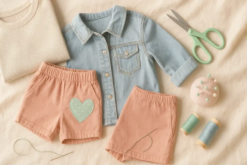 Sanft beleuchtete DIY-Szene mit pastellfarbener Kleidung und Nähutensilien, die Upcycling Kleidung symbolisiert – darunter eine helle Strickbluse, eine Jeansjacke, rosa Shorts mit mintgrünem Patch sowie Schere, Garn und Nadel, arrangiert auf hellem Stoff.