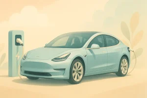 Pastellfarbenes, minimalistisches Querformat-Bild eines hellblauen Tesla, der an einer mintgrünen Ladestation lädt; sanfte Schatten und natürliche Lichtstimmung vermitteln eine ruhige, moderne Atmosphäre – als visueller Eyecatcher für einen Blogbeitrag zur E Auto Förderung 2026.