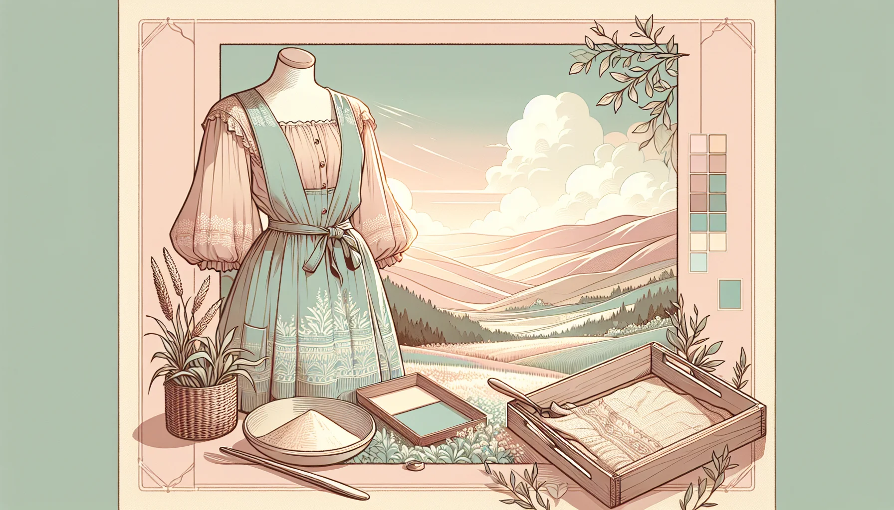 Das Bild zeigt eine stilisierte Bluse, die als Schürze präsentiert wird. Im Hintergrund sind sanfte Hügel und ein blauer Himmel zu sehen. Materialien wie Stoff und Farben liegen daneben.