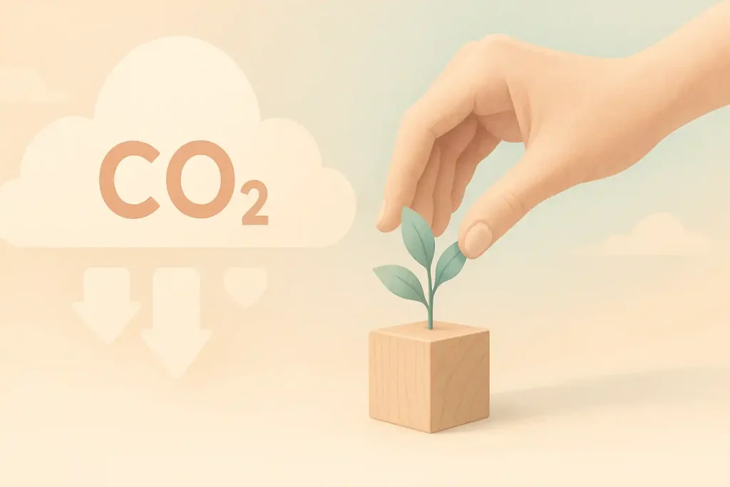 Beitragsbild zum Thema CO2 Ausstoß verringern. Pastellfarben, künstlerisch greift eine Hand nach einem Baum