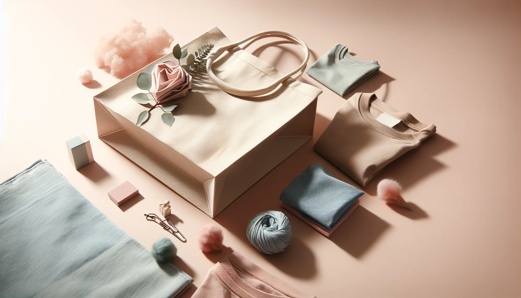 Das Bild zeigt eine kreative Anordnung von Stoffen und einer Einkaufstasche, die aus einem T-Shirt gefertigt wurde.