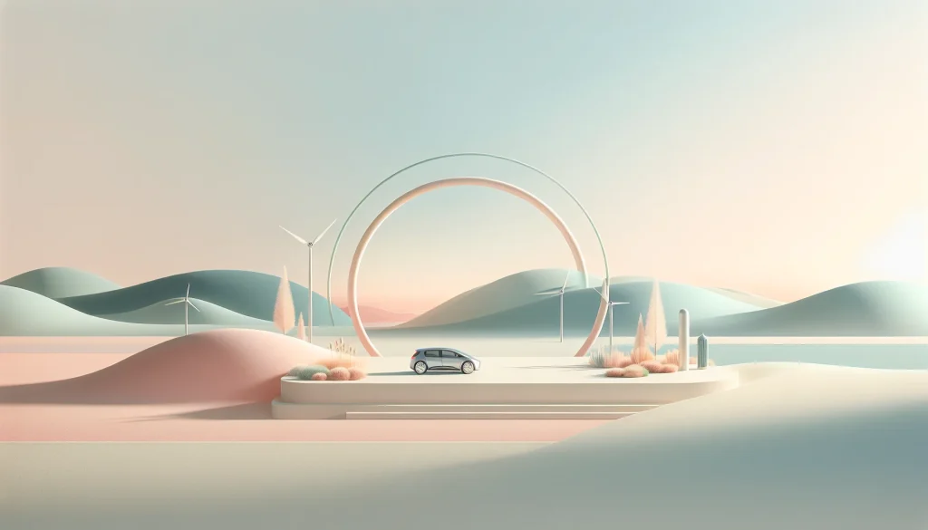 Das Bild zeigt eine futuristische Landschaft mit sanften Hügeln und Windrädern. Ein stilisiertes Auto steht vor einem großen, runden Rahmen. Die Farben sind pastellartig und harmonisch. Es dient als Beitragsbild zum Thema Euro 7 Norm.