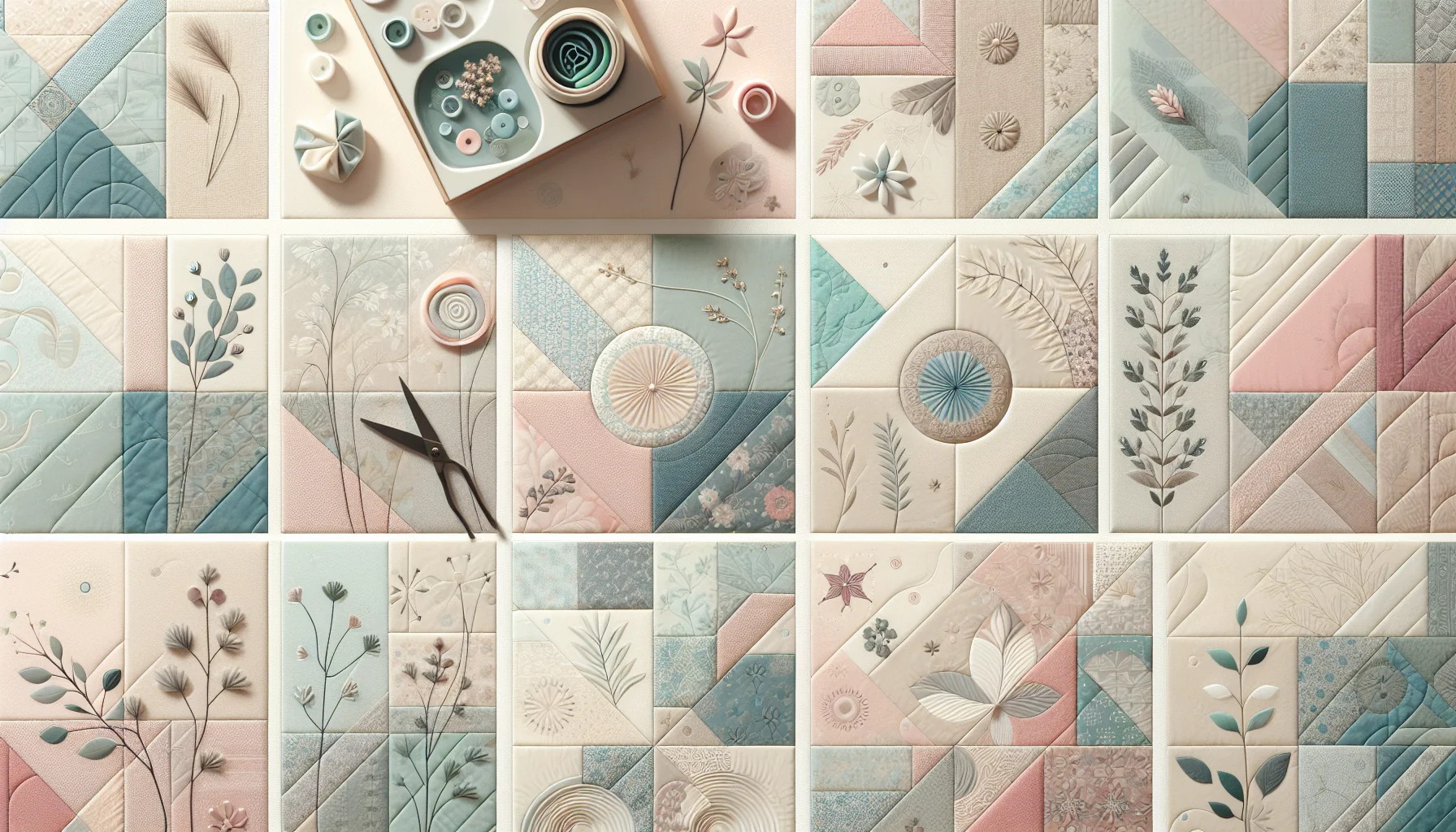 Das Bild zeigt ein kreatives Patchwork-Design aus verschiedenen Stoffmustern in sanften Farben wie Rosa und Blau. Auf einem Tisch liegen Nähutensilien und dekorative Elemente.