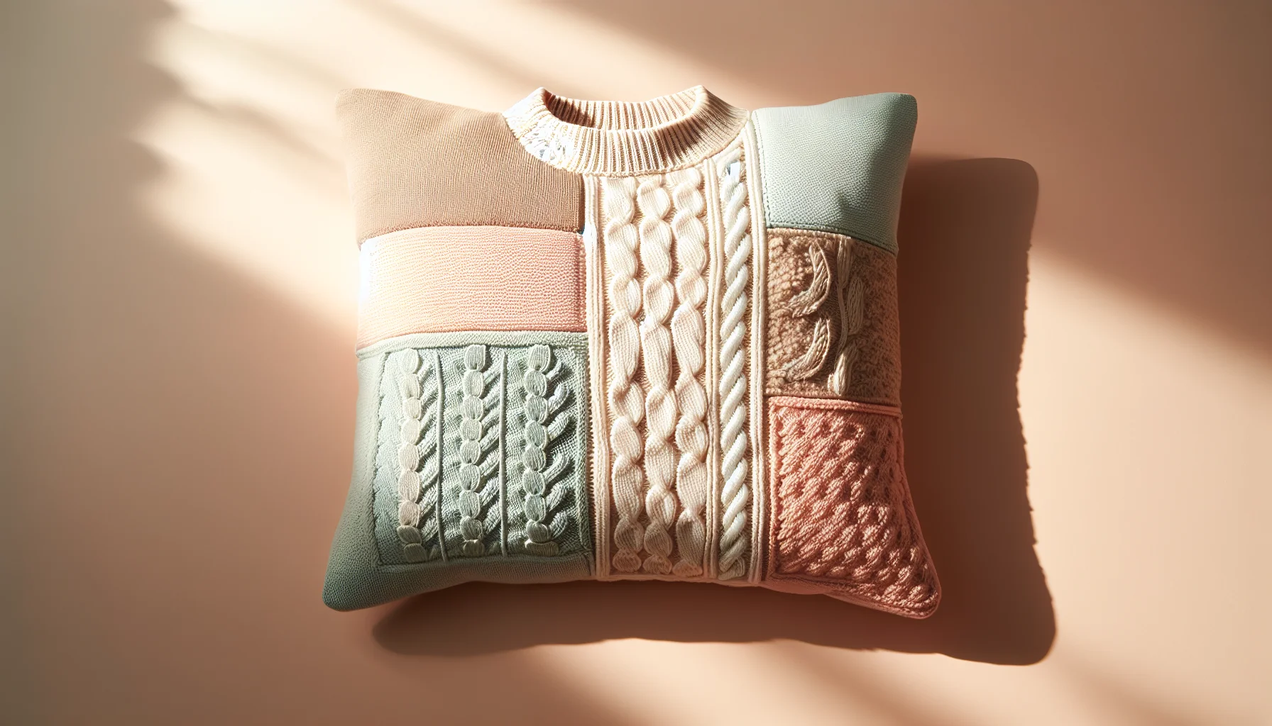 Das Bild zeigt ein Kissen in Form eines Pulloverdesigns. Die Farben umfassen sanftes Grün, Beige und Rosé. Unterschiedliche Strickmuster und Texturen verleihen dem Kissen einen einzigartigen Look.