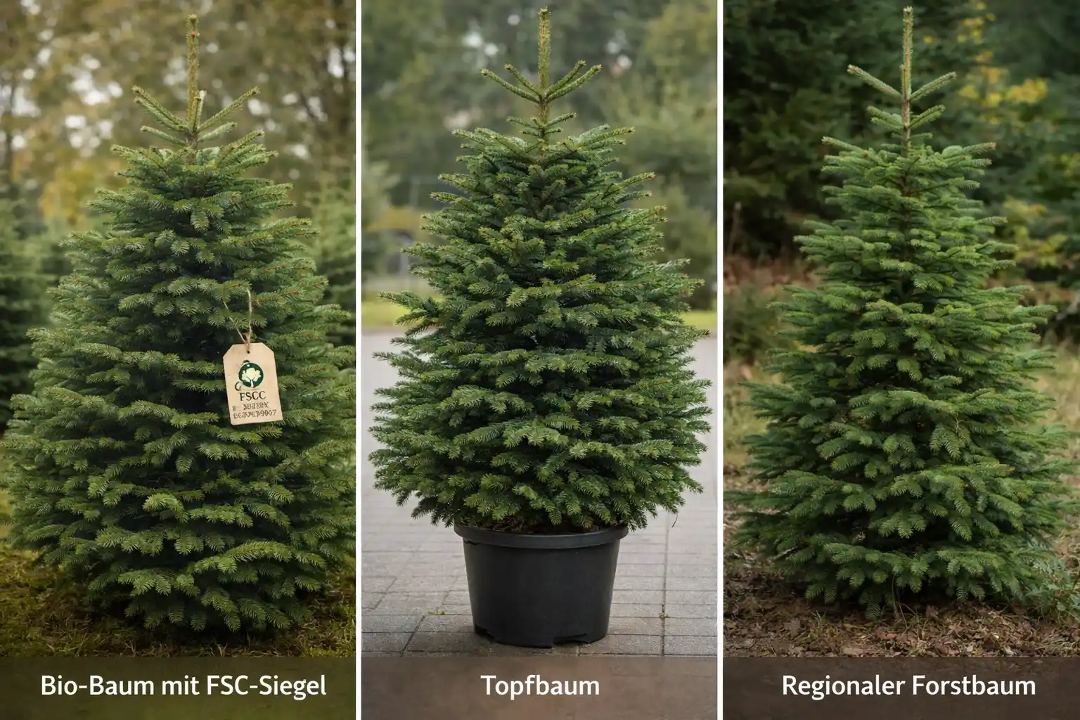 Drei unterschiedliche Weihnachtsbäume stehen nebeneinander; ein Baum trägt ein FSC-Etikett, ein weiterer ist in einem Topf gepflanzt, der dritte stammt aus regionalem Forstanbau.