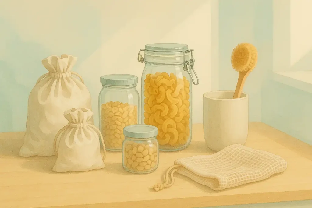 Minimalistische, semi-illustrative Szene in sanften Pastelltönen: Eine ruhige Küchen- oder Wohnumgebung mit wiederverwendbaren Glasbehältern, Baumwollbeuteln und nachhaltigen Alltagsgegenständen. Natürliches Licht und weiche Schatten vermitteln eine harmonische Atmosphäre und unterstreichen das Thema „Zero Waste: Der praktische Ratgeber für ein müllfreies Leben.