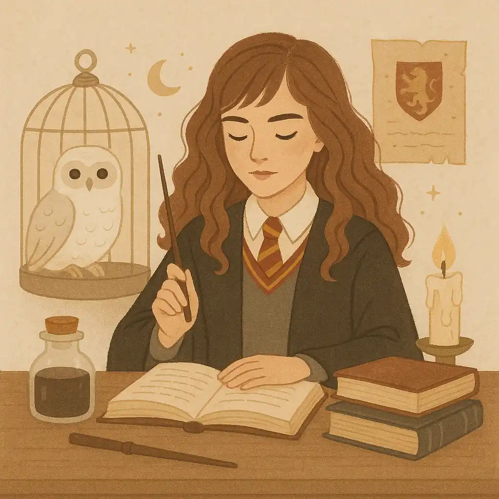 Illustration von Hermine Granger, wie sie an einem Holztisch sitzt, in einem offenen Buch liest und dabei einen Zauberstab hält; neben ihr eine weiße Eule im Käfig sowie Kerzen und Bücher, dargestellt in warmen, weichen Brauntönen.