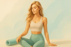 Semi-illustrative Darstellung einer jungen, sportlichen Frau in nachhaltiger Sportswear in sanften Pastelltönen. Sie sitzt entspannt neben einer Yogamatte, umgeben von natürlichem Licht und weichen Schatten. Das harmonische Querformat-Bild vermittelt die ruhige, moderne Ästhetik des Blogthemas Pamela Reif Vermögen