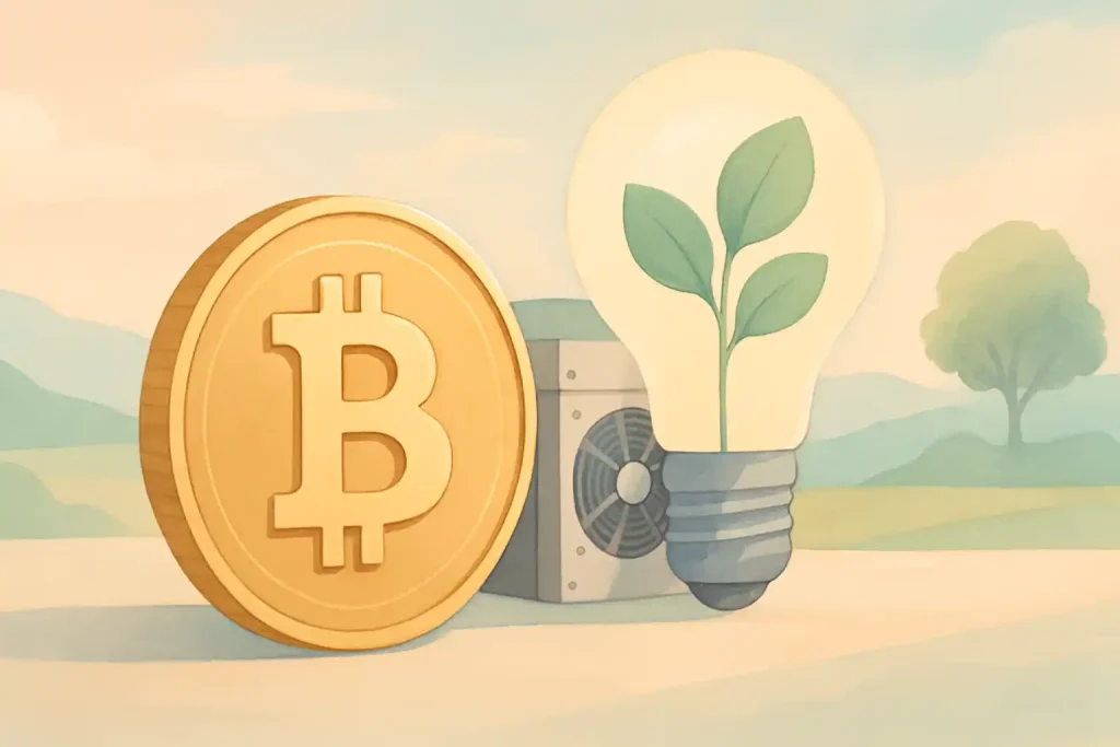 Ein stilisiertes, harmonisches Motiv in sanften Pastelltönen zeigt eine goldene Bitcoin-Münze neben einer Glühbirne mit grünen Blättern. Im Hintergrund sind weiche Lichtverläufe und natürliche Schatten zu sehen. Das Bild symbolisiert den Bitcoin Stromverbrauch, nachhaltiges Mining und den Zusammenhang zwischen Kryptowährung und Umwelt im Jahr 2025..