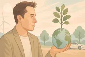 Illustration in sanften Pastelltönen, die symbolisch das Thema Elon Musk Vermögen darstellt: Eine stilisierte Figur, die Elon Musk ähnelt, hält eine kleine Erdkugel mit einem zarten Pflanzentrieb in der Hand, umgeben von minimalistischer Landschaft, Windrad und Elektroauto als subtile Hinweise auf Umwelt- und Technologiethemen.