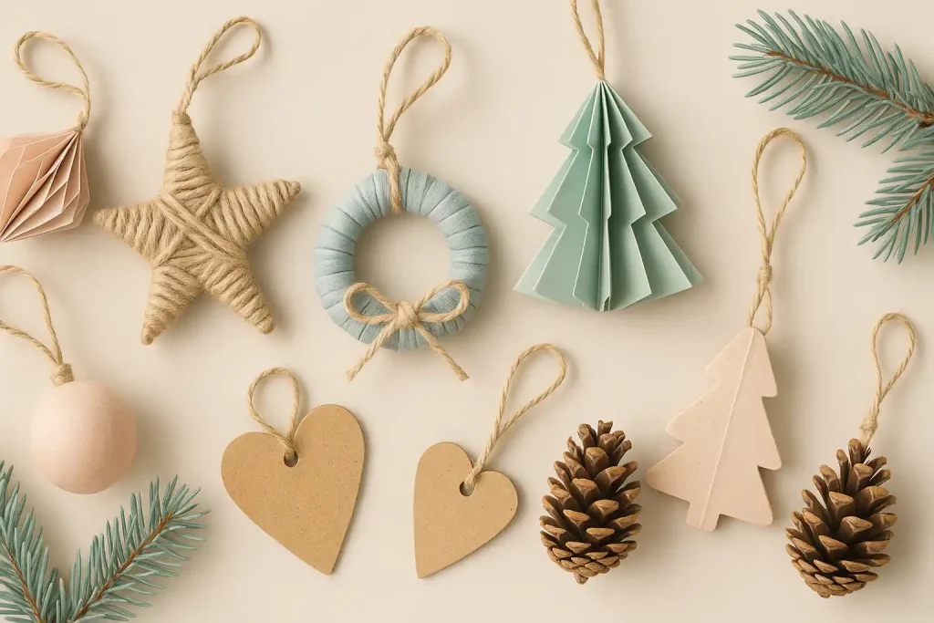 Pastellfarbene Upcycling Weihnachtsdeko aus natürlichen Materialien, darunter gefaltete Papierbäume, Jute-Sterne, kleine Kränze und Kiefernzapfen, arrangiert vor hellem Hintergrund in modernem, minimalistischem Stil.