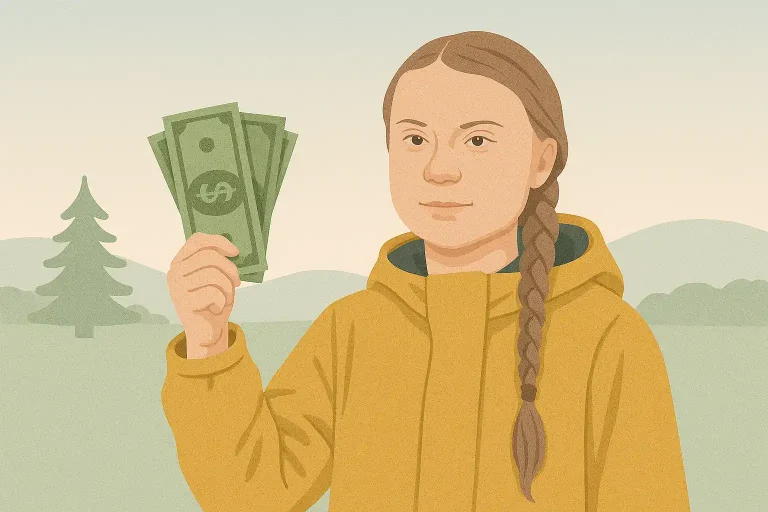 Pastellfarbenes Querformat-Bild einer jungen Klimaaktivistin, inspiriert von Greta Thunberg, in gelber Jacke mit geflochtenem Haar. Sie steht in einer grünen Landschaft und hält Geldscheine in der Hand – Symbol für das Greta Thunberg Vermögen und nachhaltige Finanzierung ihres Klimaengagements.
