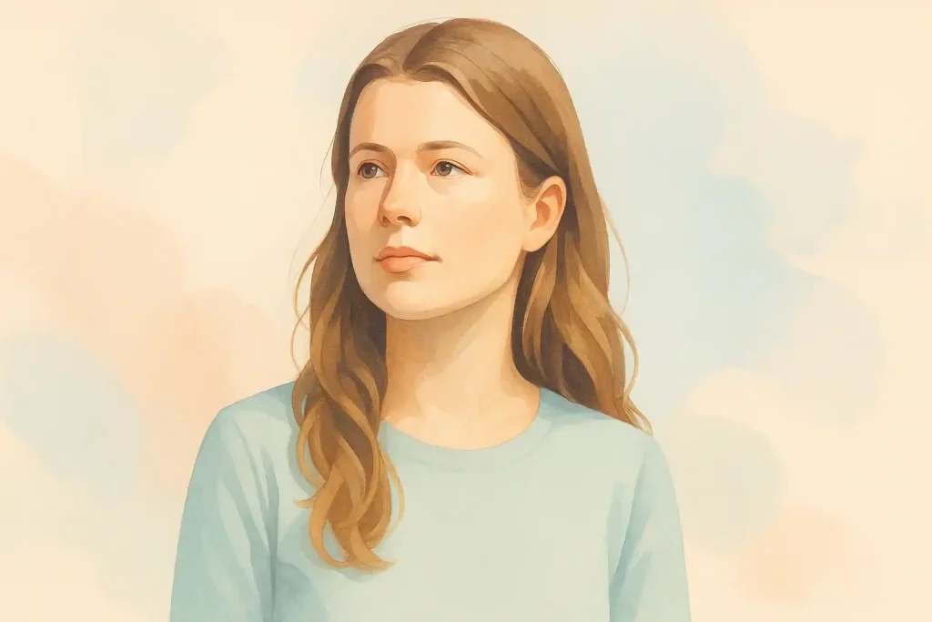 Illustratives Porträt einer jungen Frau in sanften Pastelltönen, inspiriert von Luisa Neubauer. Das Bild vermittelt Ruhe und Entschlossenheit und symbolisiert das Thema „Luisa Neubauer Vermögen“ mit minimalistischer, moderner Ästhetik und natürlicher Lichtwirkung.