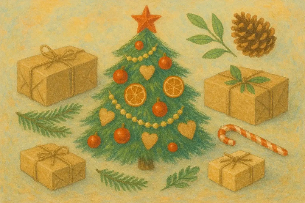 Künstlerische Illustration in Pastellfarben zum Thema „nachhaltige Weihnachten“ – ein geschmückter Weihnachtsbaum mit natürlichen Dekorationen wie getrockneten Orangenscheiben, Holzornamenten und Tannenzweigen, umgeben von Geschenken in recyceltem Papier und sanftem Licht.
