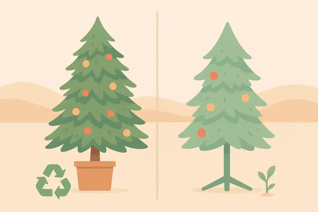 Beitragsbild zum Thema nachhaltiger Weihnachtsbaum. Pastellfarbenes Querformat-Bild mit zwei Weihnachtsbäumen: links ein echter Baum im Topf mit Recycling-Symbol, rechts ein künstlicher Baum mit Ständer. Sanftes Winterlicht, beige Hintergrundlandschaft, nachhaltige Atmosphäre, keine Personen, kein Text.
