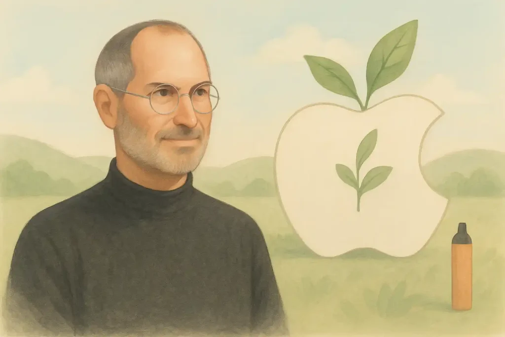 Pastellfarbenes Querformat-Bild mit stilisiertem Steve Jobs in schwarzem Rollkragen und Brille vor einer grünen Landschaft. Neben ihm ein Apfel-Symbol mit Blättern als Zeichen für Apples grüne Transformation und nachhaltige Innovation. Symbolisch für Steve Jobs Vermögen und Umweltbewusstsein.