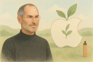 Pastellfarbenes Querformat-Bild mit stilisiertem Steve Jobs in schwarzem Rollkragen und Brille vor einer grünen Landschaft. Neben ihm ein Apfel-Symbol mit Blättern als Zeichen für Apples grüne Transformation und nachhaltige Innovation. Symbolisch für Steve Jobs Vermögen und Umweltbewusstsein.