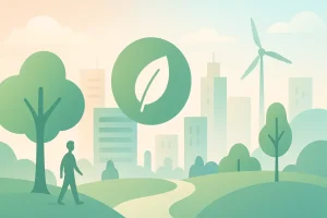 Pastellfarbene, minimalistische Illustration einer nachhaltigen Stadtlandschaft mit vielen Bäumen, Parkflächen, einem Fußgänger, modernen Gebäuden, Windrad und einem großen Blatt-Symbol. Das Motiv visualisiert das Thema „grünste Stadt Deutschlands“ und vermittelt Ruhe, Umweltbewusstsein und modernes Nachhaltigkeits-Design.