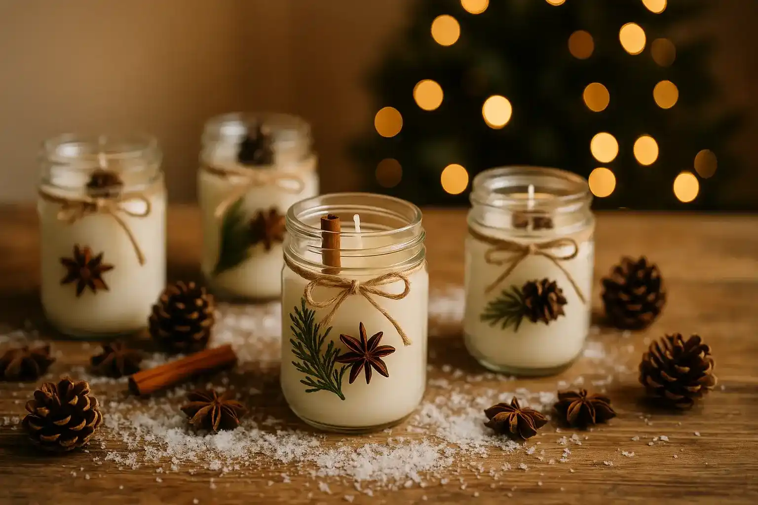 Selbstgemachte Duftkerzen in Einmachgläsern, dekoriert mit Naturmaterialien wie Tannenzweigen, Zimtstangen, Sternanis und Kordel, arrangiert auf einer Holzoberfläche mit weihnachtlicher Stimmung, warmem Licht und sanfter Hintergrundunschärfe im Querformat.
