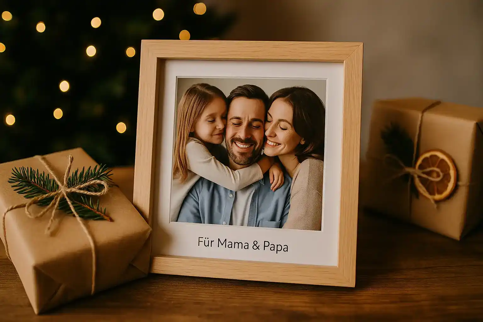 Personalisiertes Fotogeschenk mit gerahmtem Familienfoto auf einer Holzoberfläche, umgeben von natürlich verpackten Geschenken mit Tannenzweigen und getrockneten Orangenscheiben, in warmer, weihnachtlicher Atmosphäre mit weichem Licht und leicht unscharfem Hintergrund im Querformat.